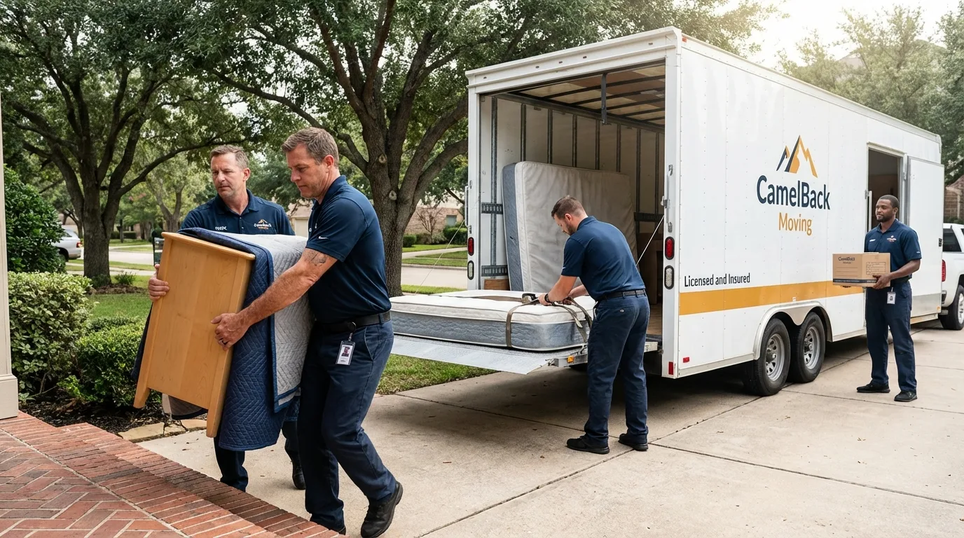 Crew loading residential truck for cross-state move from Brady, TX