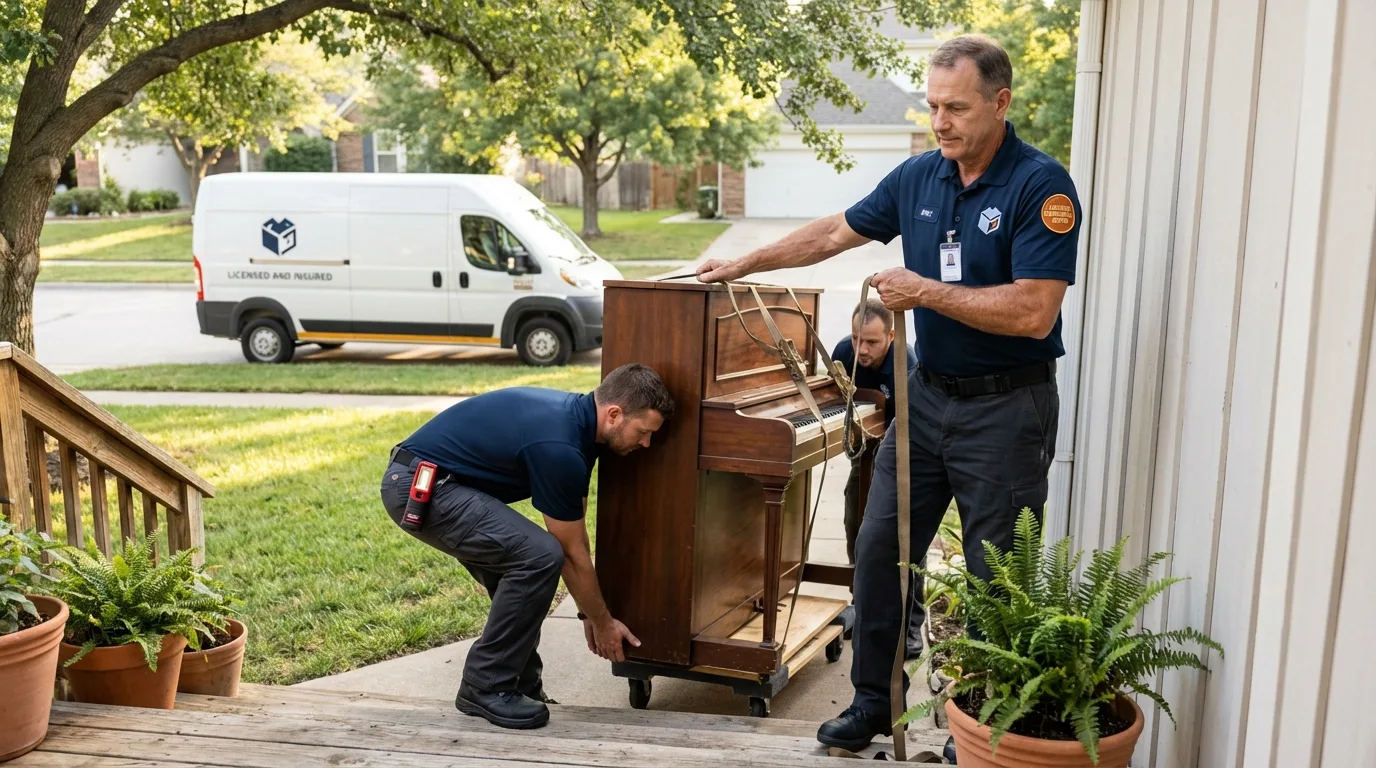 Licensed piano movers securing grand piano in Brady, TX